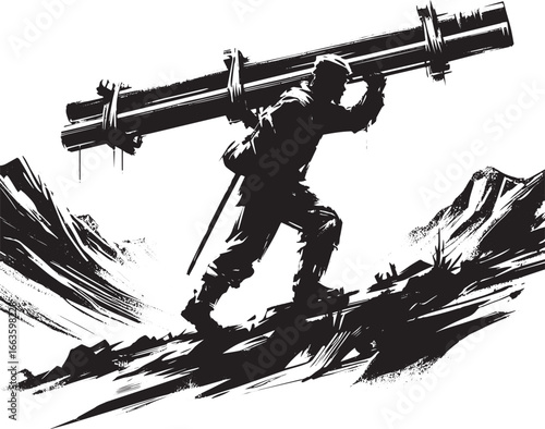 Monochrome fortitude: A man's struggle with pipes across harsh m