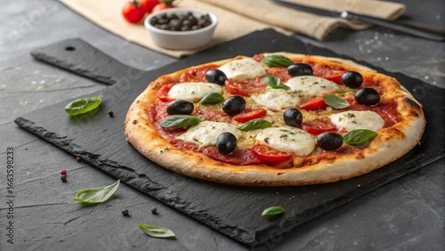 Delicious buffalo mozzarella and olive pizza served on a slate board with fresh ingredients