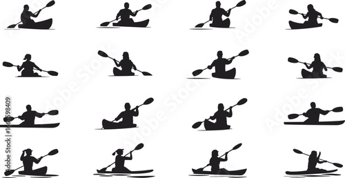 Silhouettes of people kayaking, black vector paddling illustrations, kayak sports activity, canoeing positions, outdoor adventure, water sport paddle poses.