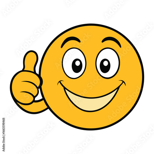 A cheerful smiley emoticon face with a big grin and bright eyes, giving a thumbs up gesture, spreading positivity, approval, and encouragement in a fun way.
