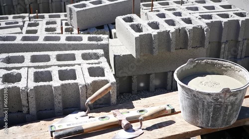 Construction site featuring concrete blocks, tools, and a bucket of mortar, ready for building.