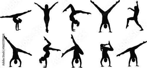 Gymnast silhouette poses, handstand balance, acrobatic strength, dancer flexibility, athletic body movement, yoga fitness art, dynamic motion, 
