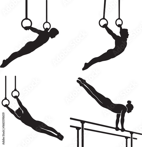 Gymnastics Silhouettes: Rings and Parallel Bars Action Poses