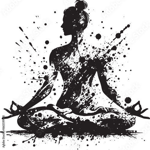 Silhouette of a woman in a yoga pose with paint splatter effect, meditation and wellness