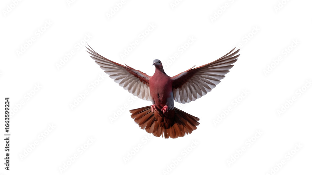 Fototapeta premium A majestic pink pigeon soars against a stark black background