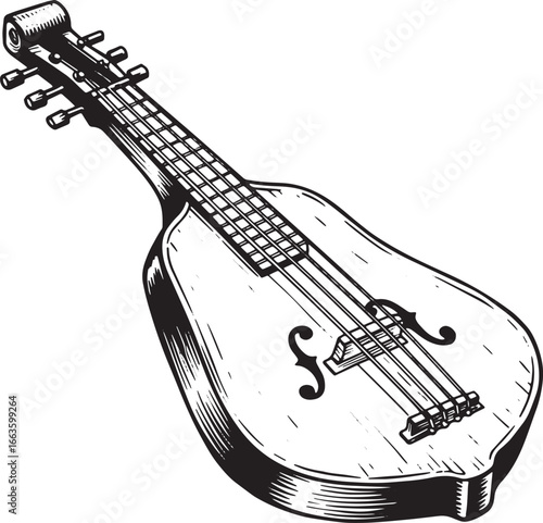 Elegant etched mandolin illustration, detailed woodcut style on