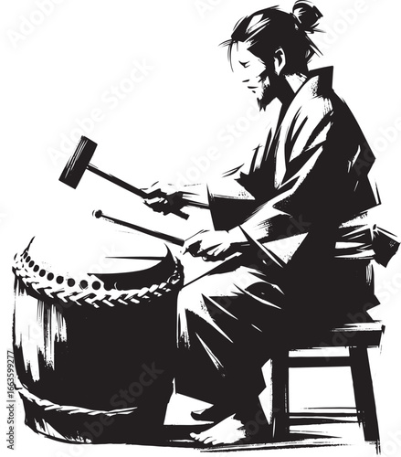 Monochrome Sumi-e Illustration of a Man Playing a Taiko Drum wit