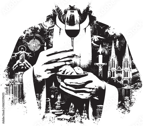 Artwork depicting religious figure holding wine and bread with city and religious symbols, black