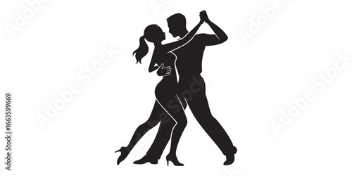 Silhouetted couple dancing tango passionately against white background