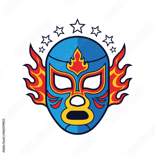 Vibrant Blue and Red Luchador Mask with Flame Details and Star Embellishments.
