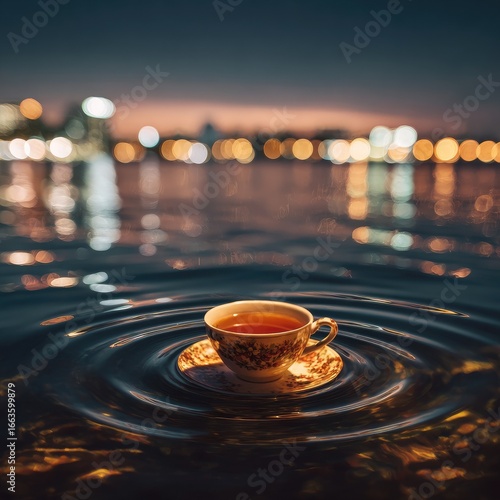 Delicate teacup floats on rippling water, city lights reflected
