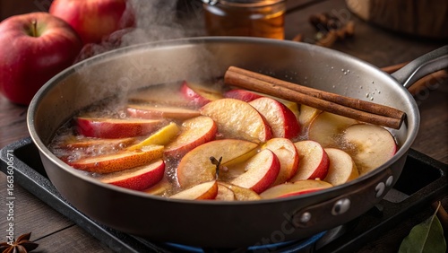 Sliced apples simmering with cinnamon and water creating a warm dessert on a stovetop