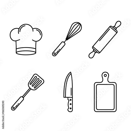 Collection of minimalist black outline icons representing essential kitchen utensils, baking tools, and chef accessories for culinary-themed design