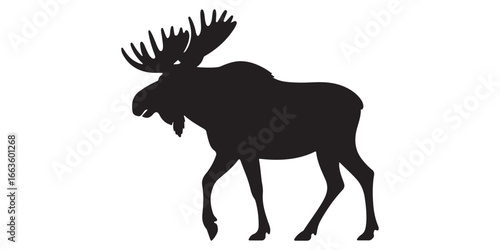 Silhouette of a majestic bull moose with large antlers standing against a white background