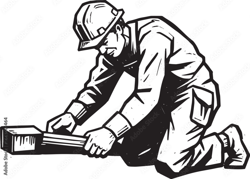 Fototapeta premium Woodcut Style Illustration of Construction Worker Inspecting a M