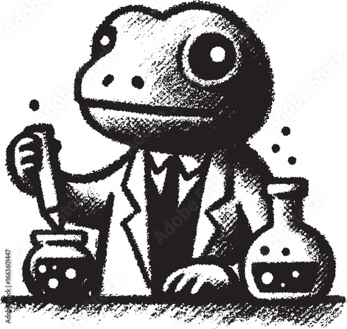 Illustration of a cartoon gecko scientist conducting a chemistry experiment in a lab setting