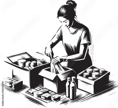 Dedicated volunteer preparing relief packages with compassion an