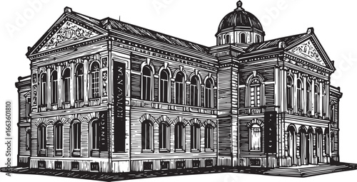 Monumental Building Illustration: A Detailed Woodcut Style Archi