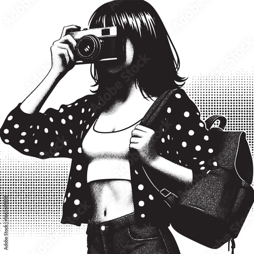 Monochrome Illustration of a Woman Taking a Photograph with a Vintage Camera, Travel Theme
