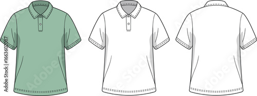 CAD drawing flat vector illustration of short sleeve polo shirt, front and back views, green and white design, detailed stitch lines, collar style, garment layout, fashion sketch