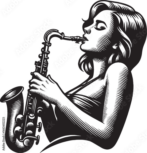 Elegant Black and White Illustration of a Woman Playing a Saxophone with Artistic Flair