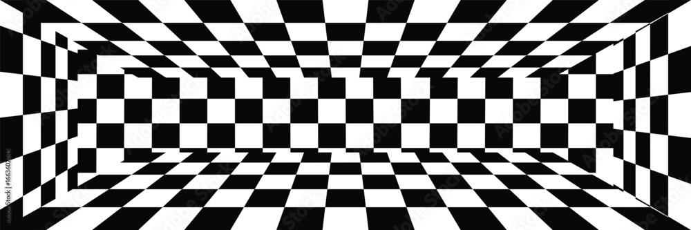 Fototapeta premium Black and White Checkerboard Room Optical Illusion Background