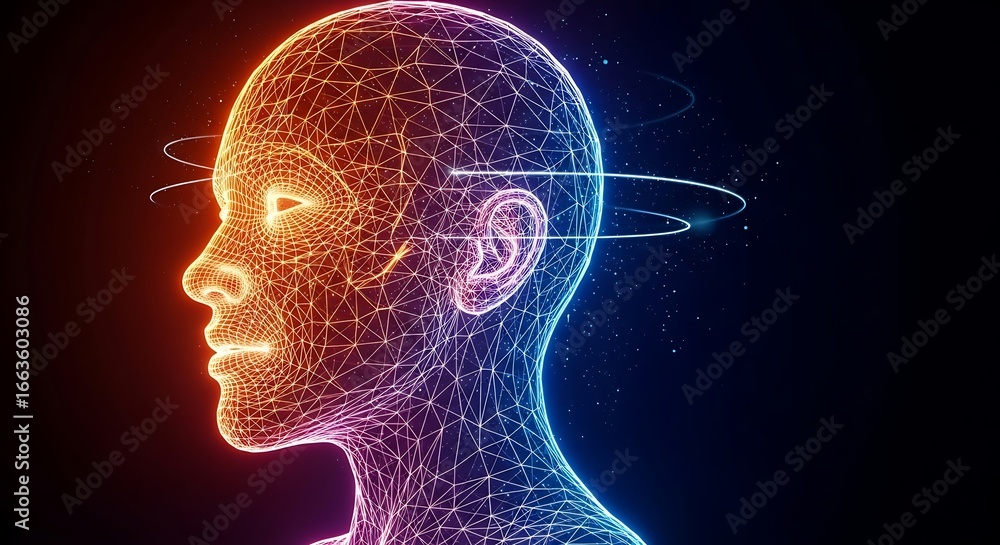 Obraz premium Abstract Wireframe Head: Digital Connection, Modern Technology, Artificial Intelligence, Neural Network, Communication, and Data Visualization on Dark Background.