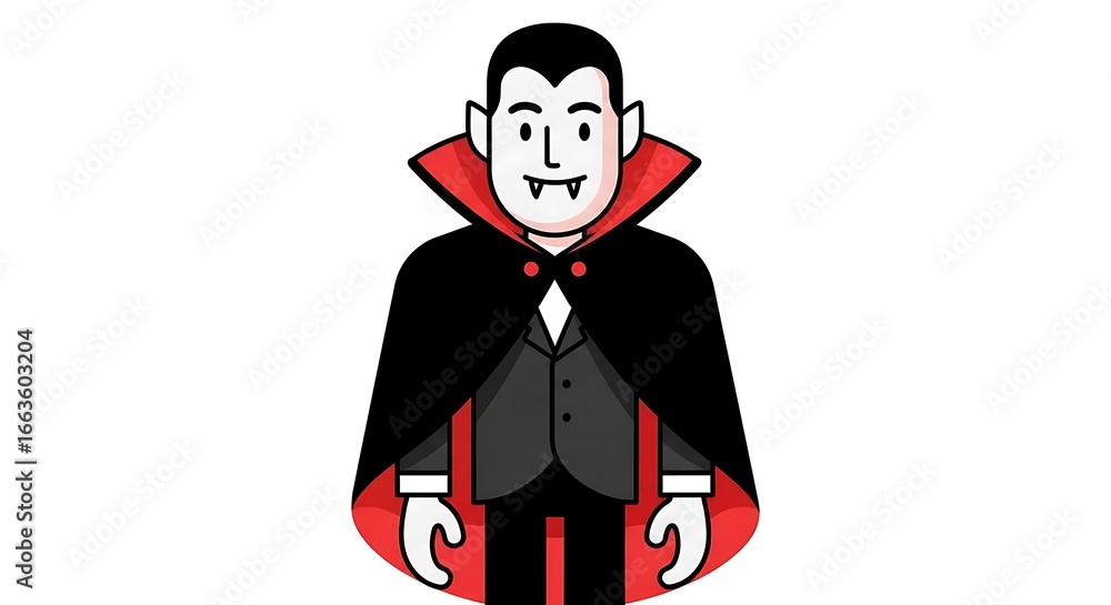 A stylized cartoon illustration of a friendly vampire character wearing a cape and suit. A stylized cartoon illustration of a friendly vampire character wearing a cape and suit.