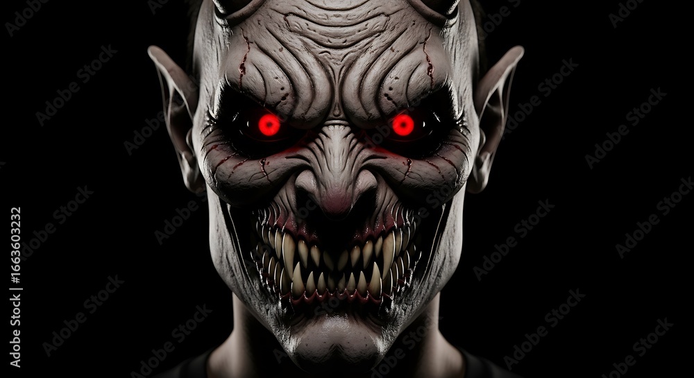 Obraz premium A terrifyingly detailed close-up portrait of a demonic creature with glowing red eyes and sharp fangs, set against a dark background.