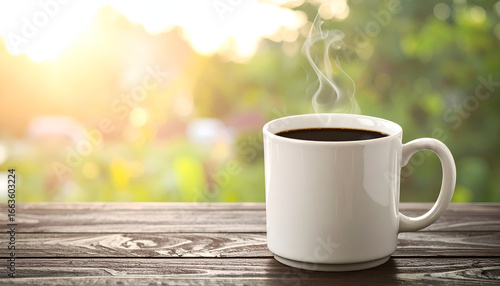 White Mug of Steaming Coffee on Wooden Table Outdoors in Sunny Garden