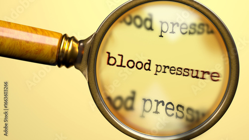 Blood Pressure being studied under magnifying glass. Focusing on a topic of blood pressure. Taking a closer look at blood pressure. Examination of it ,3d illustration