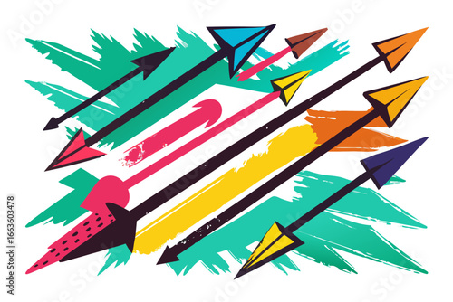 Colorful, dynamic arrows soaring upwards, igniting creativity and inspiring success, symbolizing progress and forward momentum in business, design, or innovative projects