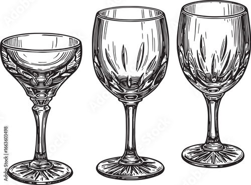 Elegant Crystal Glasses: Woodcut Style Illustration for Sophisti