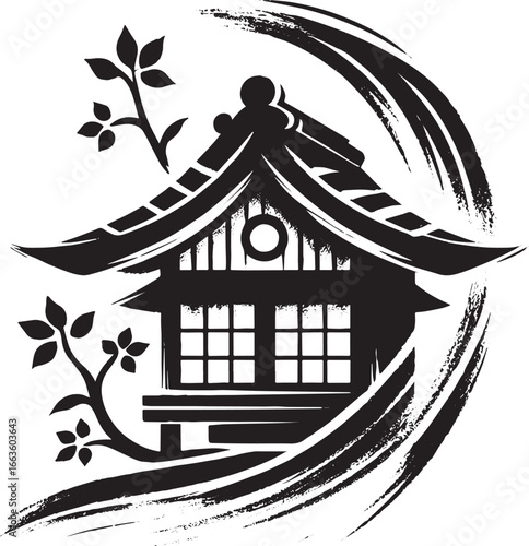 Elegant Sumi-e Brushwork Depicting a Traditional Japanese Struct