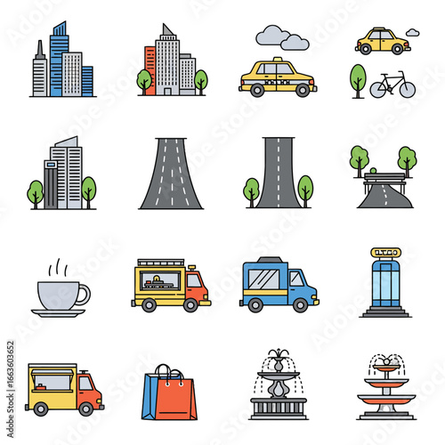 Iconic city illustrations showcasing buildings, roads, vehicles, and urban elements for modern design projects, offering a vibrant aesthetic for diverse creative needs
