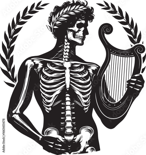 An artistic black and white illustration of a skeleton with a harp and laurel wreath