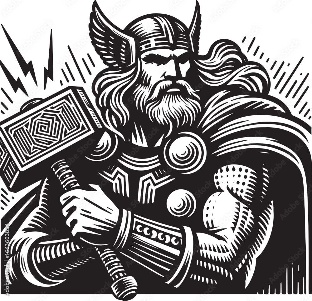Fototapeta premium Illustration of Thor with his Hammer Mjolnir in a Black and White Style ready to strike