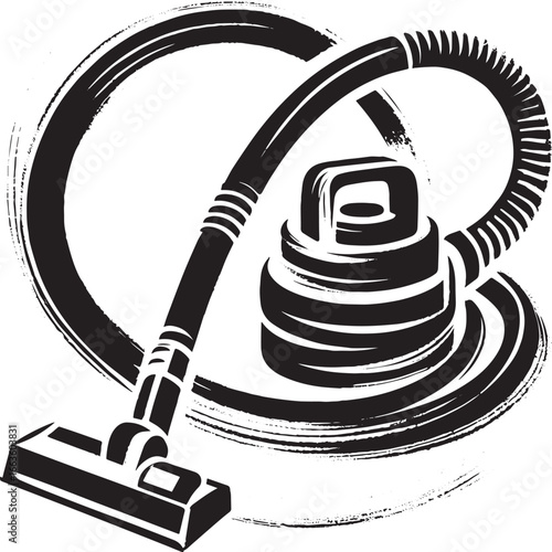Sumi-e style illustration depicting a stylized vacuum cleaner wi
