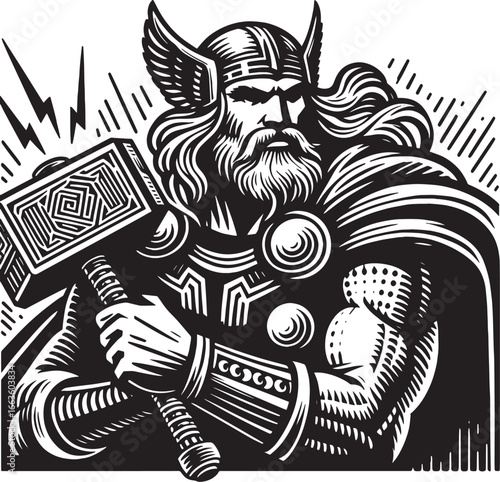 Illustration of Thor with his Hammer Mjolnir in a Black and White Style ready to strike