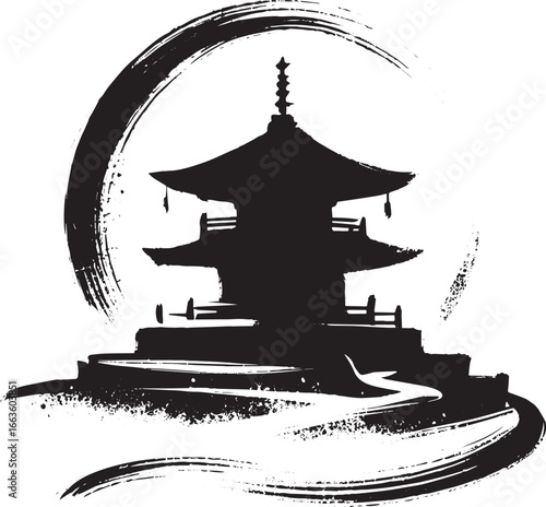 Minimalist Sumi-e Illustration of a Pagoda Temple with Brush Str
