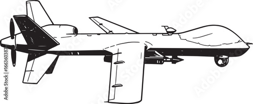 Illustrative depiction of MQ-9 Reaper drone in monochrome woodcu