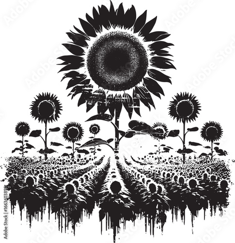Monochrome Sunflower Field Illustration Depicting Nature's Beauty and Abundance in Sunlight