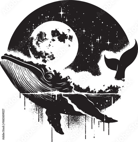 Artistic black and white illustration of a whale in a cosmic scene with moon and stars