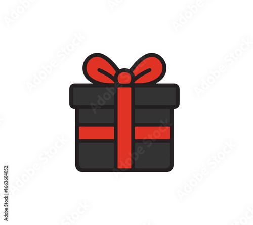 Simple flat design illustration of a black gift box with a red ribbon and bow