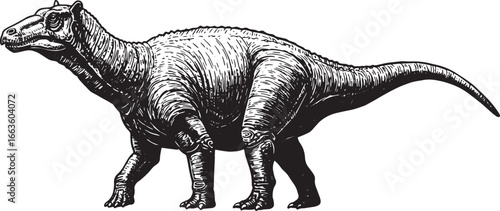 Vintage style illustration of Iguanodon dinosaur, extinct reptil