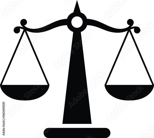 Scales of Justice Icon Vector in Black Color on Transparent Background. Law, Legal, Balance, Equality Symbol for Court, Attorney, or Judgment Concepts.