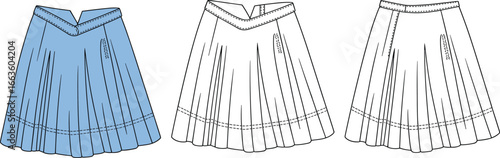 CAD drawing flat vector illustration of skirt designs, front and back views, pleated style, stitching lines, sewing pattern, garment layout, fashion sketch, template mockup