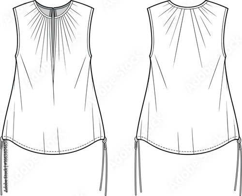 CAD drawing flat vector illustration of sleeveless blouse, pleated front, back tie detail, garment design sketch, fashion layout template CAD 