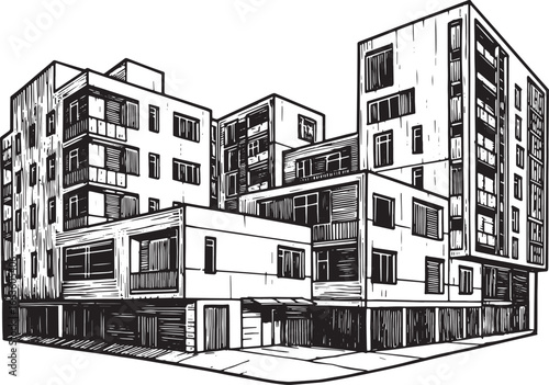 Detailed Black and White Illustration of a Modern Urban Housing