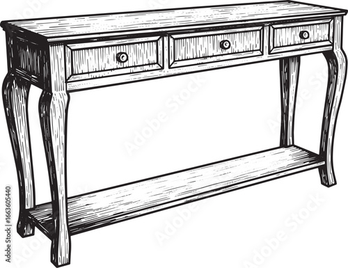 Elegant Console Table Illustration in Detailed Woodcut Style, Is